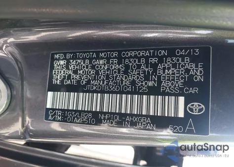 2013 Toyota Prius C Four из США, поврежденный, VIN JTDKDTB36D1041125
